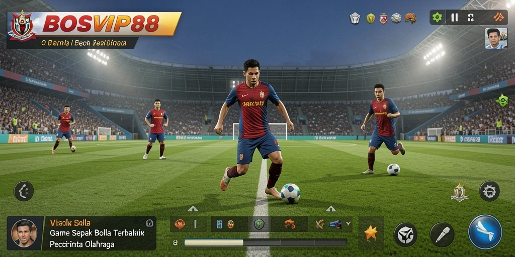 Screenshot gameplay BOSVIP88 menampilkan aksi seru di lapangan sepak bola.